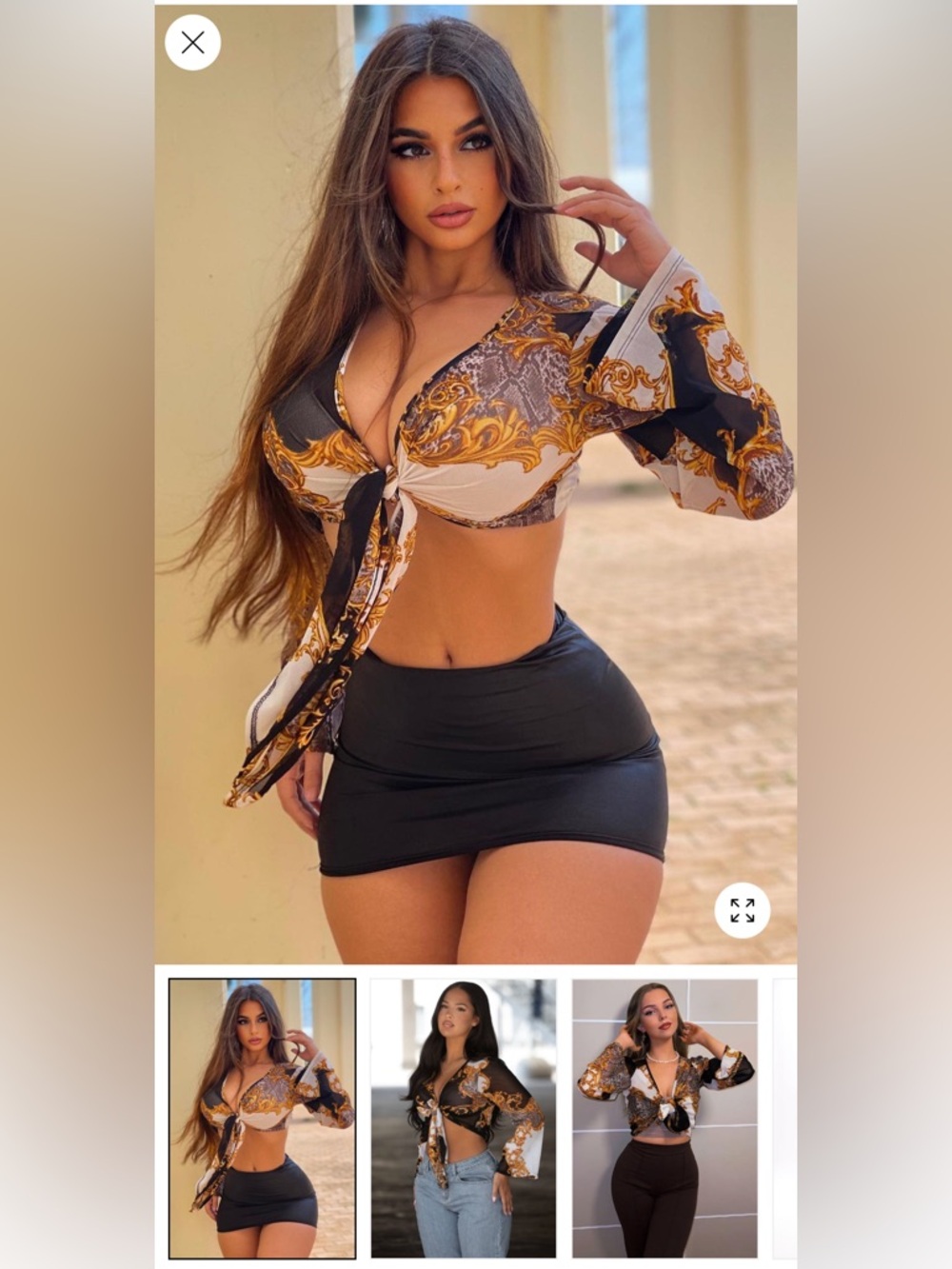 Baroque Print Tie-Front Crop Top with Black Mini Skirt